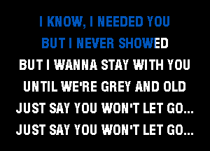 I KNOW, I IIEEDED YOU
BUTI NEVER SHOWED
BUT I WANNA STAY WITH YOU
UIITIL WE'RE GREY MID OLD
JUST SAY YOU WON'T LET GO...
JUST SAY YOU WON'T LET GO...