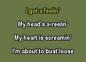 I got a feelin'

My head's a-reelin'

My heart is screamin'

I'm about to bust loose