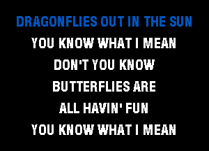 DRAGONFLIES OUT IN THE SUN
YOU KNOW WHATI MEAN
DON'T YOU KNOW
BUTTERFLIES ARE
ALL HAVIH' FUH
YOU KNOW WHATI MEAN