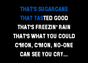 THAT'S SU GRRCANE
THAT TASTED GOOD
THAT'S FHEEZIN' RAIN
THAT'S WHAT YOU COULD
C'MOH, C'MOH, HO-ONE
CAN SEE YOU CRY...