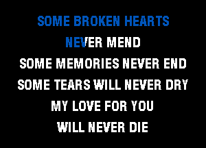 SOME BROKEN HEARTS
NEVER MEHD
SOME MEMORIES NEVER EHD
SOME TEARS WILL NEVER DRY
MY LOVE FOR YOU
WILL NEVER DIE