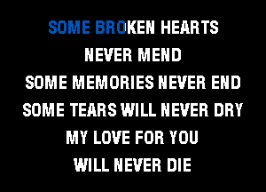 SOME BROKEN HEARTS
NEVER MEHD
SOME MEMORIES NEVER EHD
SOME TEARS WILL NEVER DRY
MY LOVE FOR YOU
WILL NEVER DIE