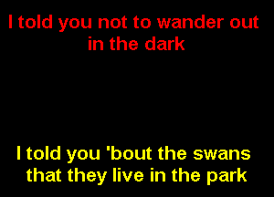 I told you not to wander out
in the dark

I told you 'bout the swans
that they live in the park