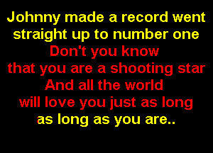 Johnny made a record went
straight up to number one
Don't you know
that you are a shooting star
And all the world
will love you just as long
as long as you are..