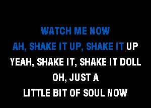 WATCH ME NOW
AH, SHAKE IT UP, SHAKE IT UP
YEAH, SHAKE IT, SHAKE IT DOLL
0H, JUST A
LITTLE BIT OF SOUL HOW
