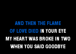 AND THE THE FLAME
OF LOVE DIED IN YOUR EYE
MY HEART WAS BROKE IN TWO
WHEN YOU SAID GOODBYE