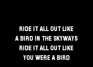 RIDE IT ALL OUT LIKE
A BIRD IN THE SKYWAYS
HIDE IT ALL OUT LIKE

YOU WERE A BIRD l