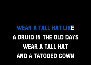 WEAR A TALL HAT LIKE
A DRUID IN THE OLD DAYS
WEAR A TALL HAT
AND A TATOOED GOWN