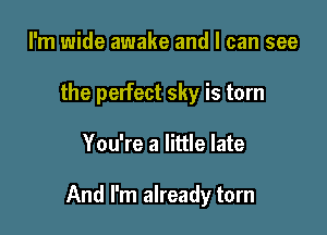 I'm wide awake and I can see
the perfect sky is torn

You're a little late

And I'm already torn