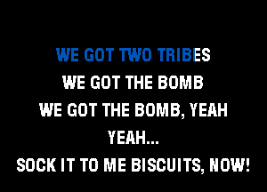 WE GOT TWO TRIBES
WE GOT THE BOMB
WE GOT THE BOMB, YEAH
YEAH...
800K IT TO ME BISCUITS, HOW!