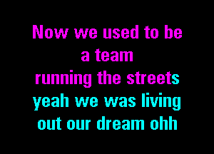 Now we used to he
a team

running the streets
yeah we was living
out our dream ohh