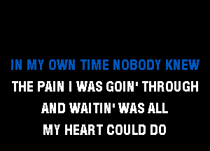 IN MY OWN TIME NOBODY KNEW
THE PAIN I WAS GOIH' THROUGH
AND WAITIH' WAS ALL
MY HEART COULD DO