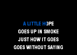 A LITTLE HOPE

GOES UP IN SMOKE
JUST HOW IT GOES
GOES WITHOUT SAYING