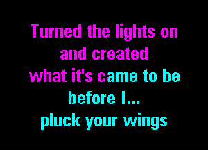 Turned the lights on
and created

what it's came to be
before I...
pluck your wings
