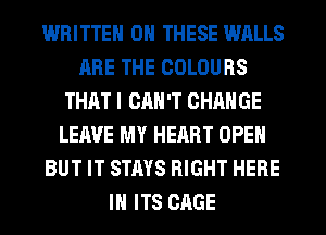 WRITTEN ON THESE WALLS
ARE THE COLOURS
THAT I CAN'T CHANGE
LEAVE MY HEART OPEN
BUT IT STAYS RIGHT HERE
IN ITS CAGE