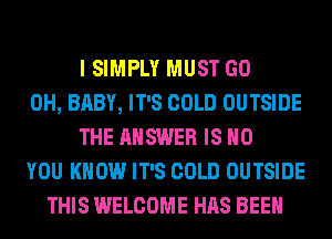 I SIMPLY MUST GO
0H, BABY, IT'S COLD OUTSIDE
THE ANSWER IS NO
YOU KNOW IT'S COLD OUTSIDE
THIS WELCOME HAS BEEN