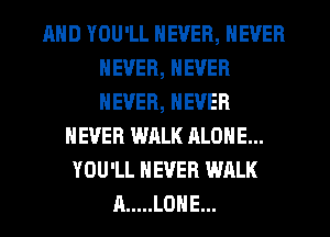 MID YOU'LL NEVER, NEVER
NEVER, NEVER
NEVER, NEVER

NEVER WALK ALONE...
YOU'LL NEVER WALK
A ..... LONE...