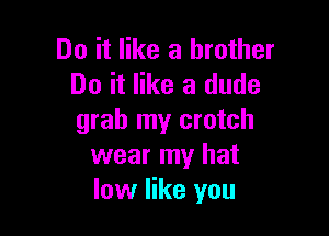 Do it like a brother
Do it like a dude

grab my crotch
wear my hat
low like you