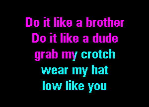 Do it like a brother
Do it like a dude

grab my crotch
wear my hat
low like you