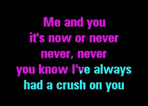 Me and you
it's now or never

never, never
you know I've always
had a crush on you