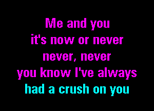 Me and you
it's now or never

never, never
you know I've always
had a crush on you