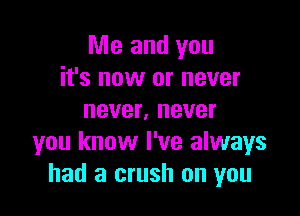 Me and you
it's now or never

never, never
you know I've always
had a crush on you