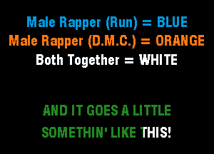 Male Rapper (Run) BLUE
Male Rapper (D.M.c.) ORANGE

Both Together WHITE

AND IT GOES A LITTLE
SOMETHIH' LIKE THIS!