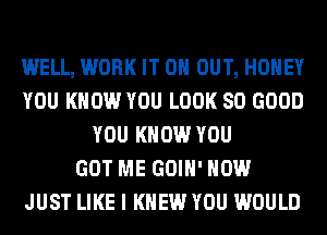 WELL, WORK IT 0 OUT, HONEY
YOU KNOW YOU LOOK SO GOOD
YOU KNOW YOU
GOT ME GOIH' HOW
JUST LIKE I KNEW YOU WOULD