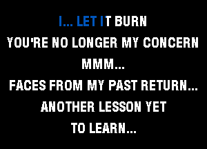 l... LET IT BURN
YOU'RE NO LONGER MY CONCERN
MMM...
FACES FROM MY PAST RETURN...
ANOTHER LESSON YET
TO LEARN...