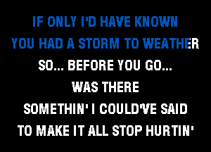 IF ONLY I'D HAVE KNOW
YOU HAD A STORM T0 WEATHER
SO... BEFORE YOU GO...
WAS THERE
SOMETHIH'I COULD'UE SAID
TO MAKE IT ALL STOP HURTIH'