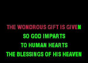 THE WOHDROUS GIFT IS GIVEN
SO GOD IMPARTS
T0 HUMAN HEARTS
THE BLESSINGS OF HIS HEAVEN