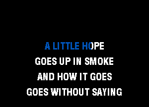 A LITTLE HOPE

GOES UP IN SMOKE
AND HOW IT GOES
GOES WITHOUT SAYING