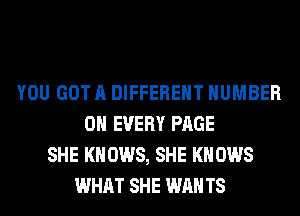 YOU GOT A DIFFERENT NUMBER
0 EVERY PAGE
SHE KN 0W8, SHE KN 0W8
WHAT SHE WAN TS