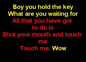 Boy you hold the key
What are you waiting for
All that you have got
to do is
Shut your mouth and touch
me
Touch me, Wow