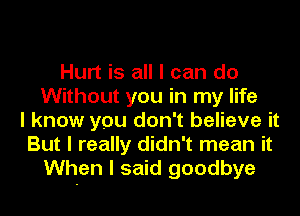 Hurt is all I can do
Without you in my life
I know you don't believe it
But I really didn't mean it
When I said goodbye