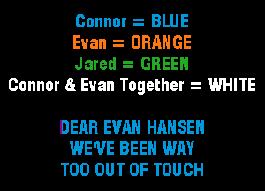 Connor BLUE
Evan ORANGE
Jared GREEN
Connor 8t Evan Together WHITE

DEAR EVAN HAN SEH
WE'VE BEEN WAY
T00 OUT OF TOUCH