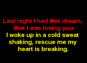 Last night I had this dream,
that I was losing you
I woke up in a cold sweat
shaking, rescue me my
heart is breaking.