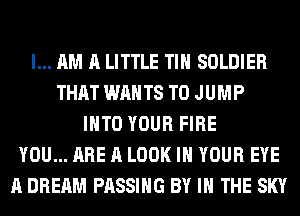 I... AM A LITTLE TIH SOLDIER
THAT WANTS TO JUMP
INTO YOUR FIRE
YOU... ARE A LOOK IN YOUR EYE
A DREAM PASSING BY IN THE SKY