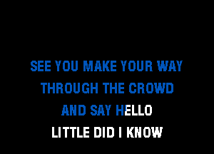 SEE YOU MAKE YOUR WAY
THROUGH THE CROWD
AND SAY HELLO
LITTLE DID I KNOW