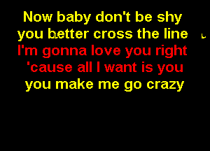 Now baby don't be shy
you better cross the line L
I'm gonna love you right

'cause all I want is you

you make me go crazy