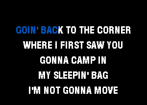 GOIH' BACK TO THE CORNER
WHERE I FIRST SAW YOU
GONNA CAMP IN
MY SLEEPIH' BAG
I'M NOT GONNA MOVE