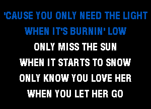 'CAUSE YOU ONLY NEED THE LIGHT
WHEN IT'S BURHIH' LOW
ONLY MISS THE SUN
WHEN IT STARTS TO SHOW
ONLY KNOW YOU LOVE HER
WHEN YOU LET HER GO