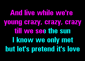 And live while we're
young crazy, crazy, crazy
till we see the sun
I know we only met
but let's pretend it's love