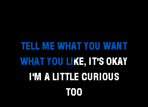 TELL ME WHAT YOU WANT
WHAT YOU LIKE, IT'S OKAY
I'M A LITTLE CURIOUS
T00