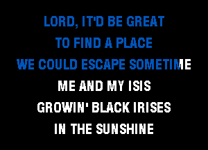 LORD, IT'D BE GREAT
TO FIND A PLACE
WE COULD ESCAPE SOMETIME
ME AND MY ISIS
GROWIH' BLACK IRISES
IN THE SUNSHINE