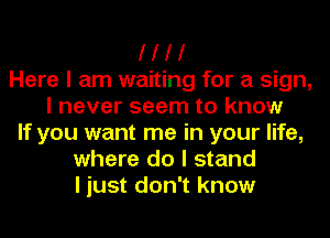 I I I I
Here I am waiting for a sign,
I never seem to know
If you want me in your life,
where do I stand
I just don't know