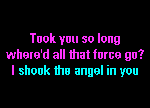 Took you so long

where'd all that force go?
I shook the angel in you