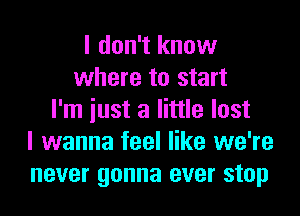 I don't know
where to start
I'm iust a little lost
I wanna feel like we're
never gonna ever stop