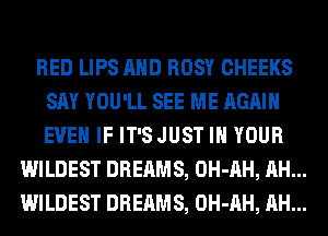 RED LIPS AND ROSY CHEEKS
SAY YOU'LL SEE ME AGAIN
EVEN IF IT'SJUST IN YOUR

WILDEST DREAMS, OH-AH, AH...
WILDEST DREAMS, OH-AH, AH...