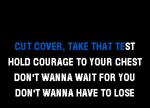 CUT COVER, TAKE THAT TEST
HOLD COURAGE TO YOUR CHEST
DON'T WANNA WAIT FOR YOU
DON'T WANNA HAVE TO LOSE